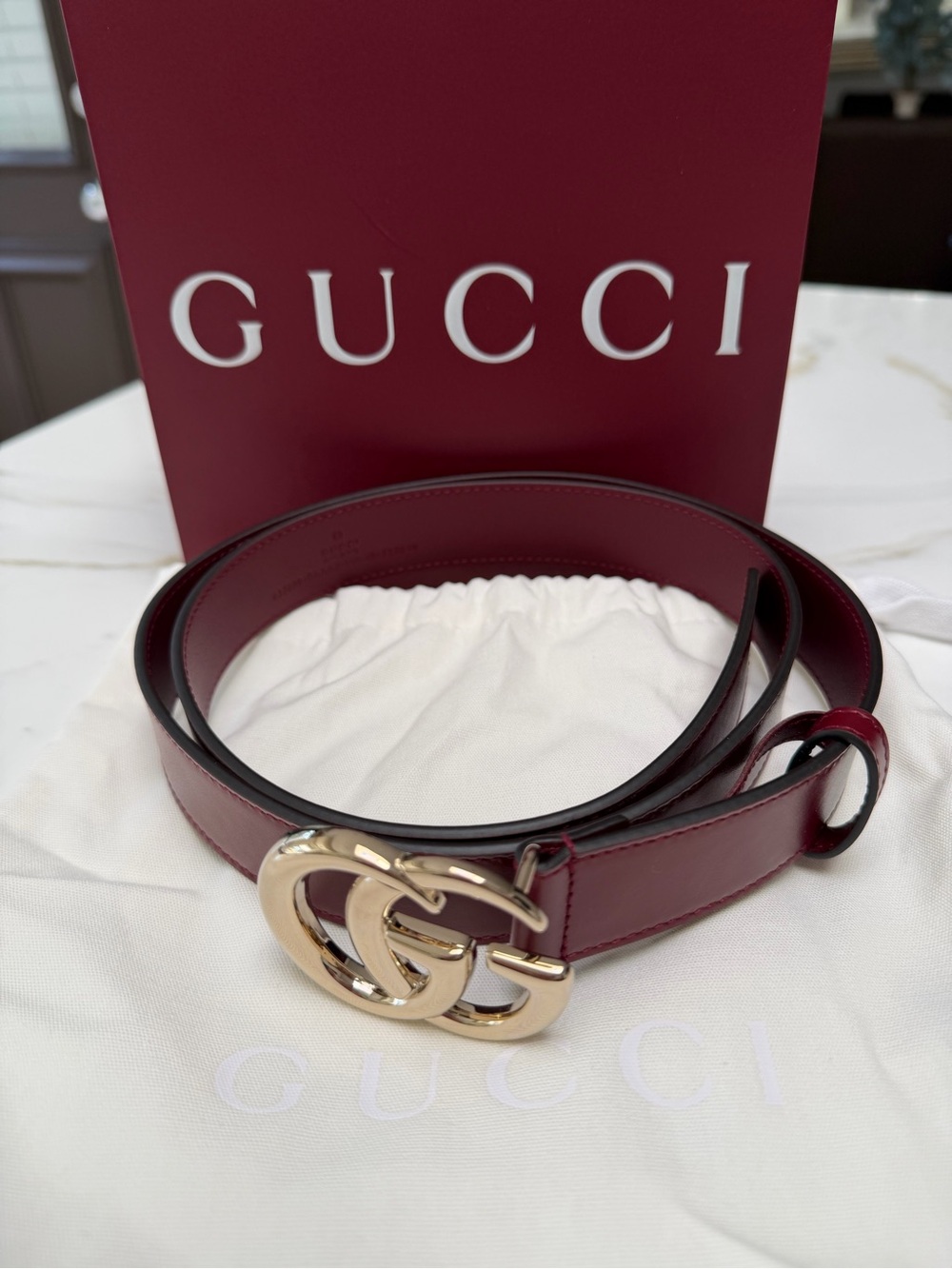 Gucci GG Marmont Leather Belt in Bordeaux with Gold Hardware